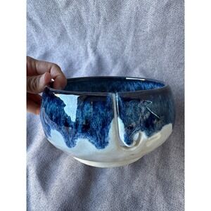 Artisan Signed Blue White Ceramic Yarn Bowl Handcrafted Studio Pottery 6 inch